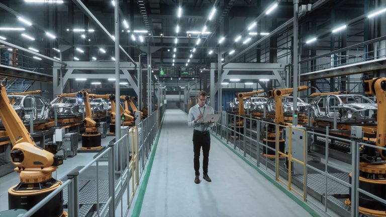 Manager walking through an automated factory