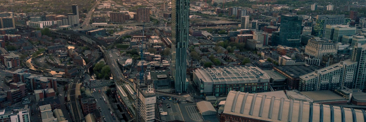 Manchester city skyline from above, with Beetham Tower