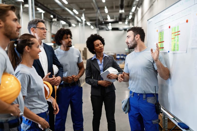 Manufacturing team planning around a whiteboard