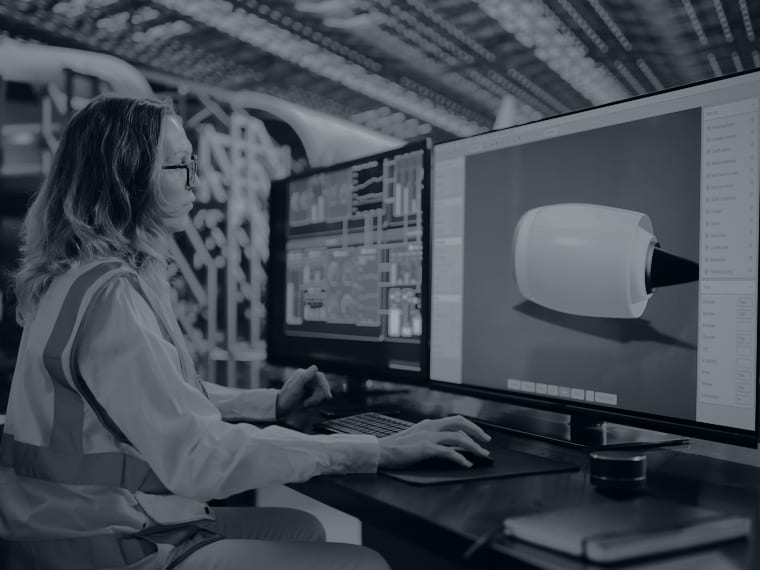 Mechanical design engineer working on a 3D CAD model at a workstation