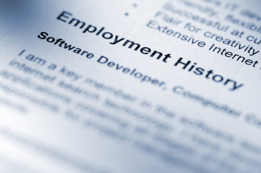 Close-up of a printed CV with the Employment History section in focus